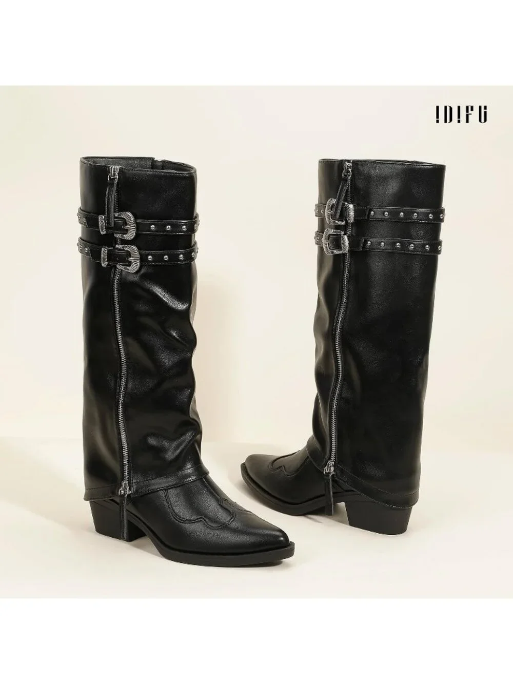 Women's Black pu Manmade Knee High Fold Over Studded Chunky Heel Shark Boots